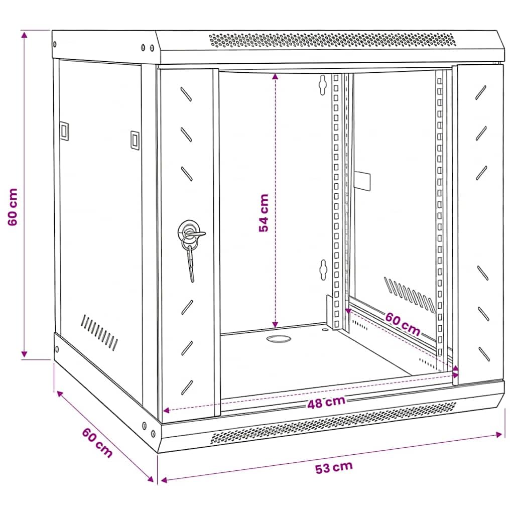 Armadio di rete in acciaio con vano portaoggetti, nero, 53 x 60 x 60 cm, per server domestici, NAS, file server e dispositivi di rete in ufficio e a casa, sistema di archiviazione sicuro con
