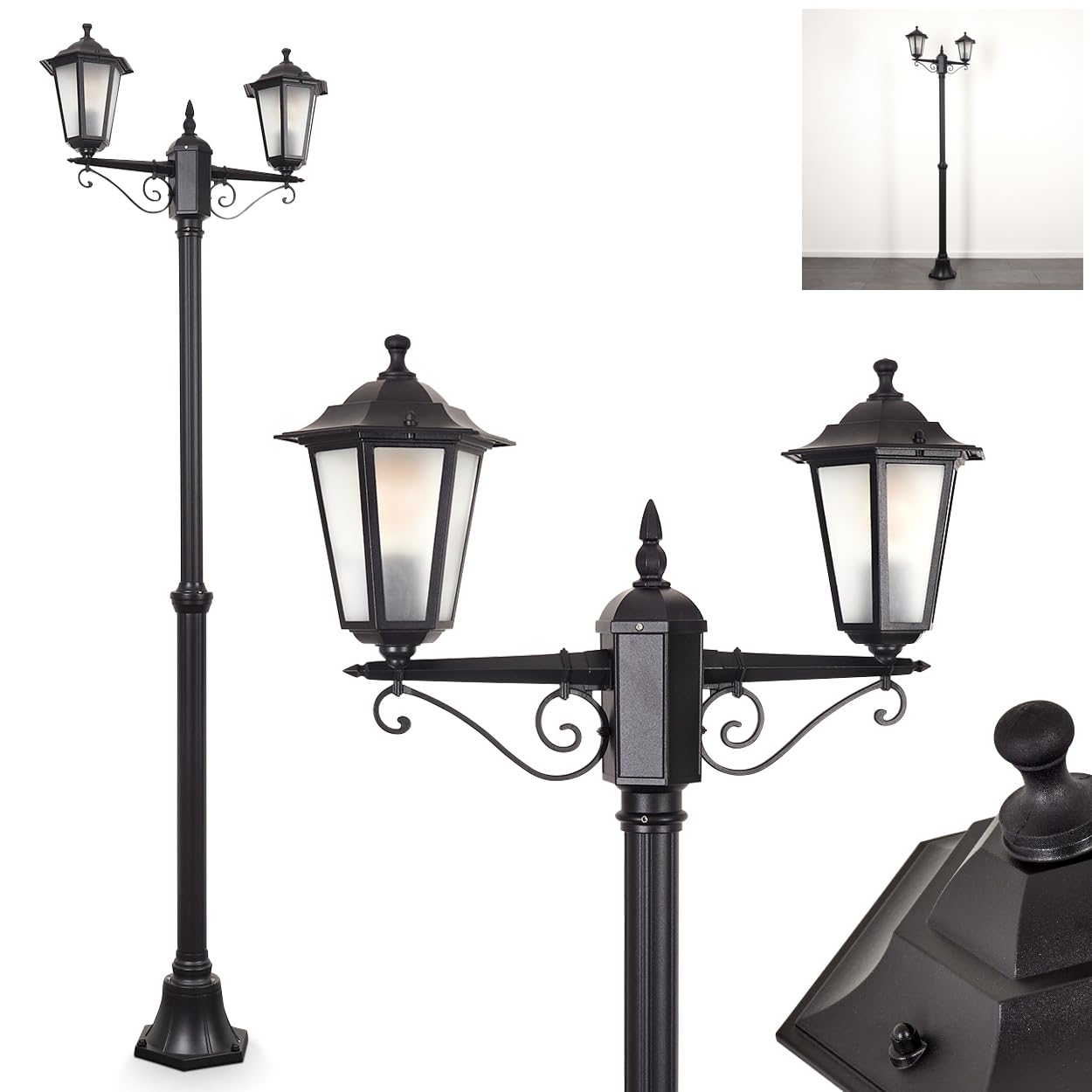 HOFSTEIN Lampa zewnętrzna Loria, oświetlenie ścieżki z metalu/szkła mlecznego w kolorze czarnym/białym, kandelabr 2-punktowy w antycznym stylu, wysokość maks. 200 cm, oświetlenie ogrodowe IP44, 2 x