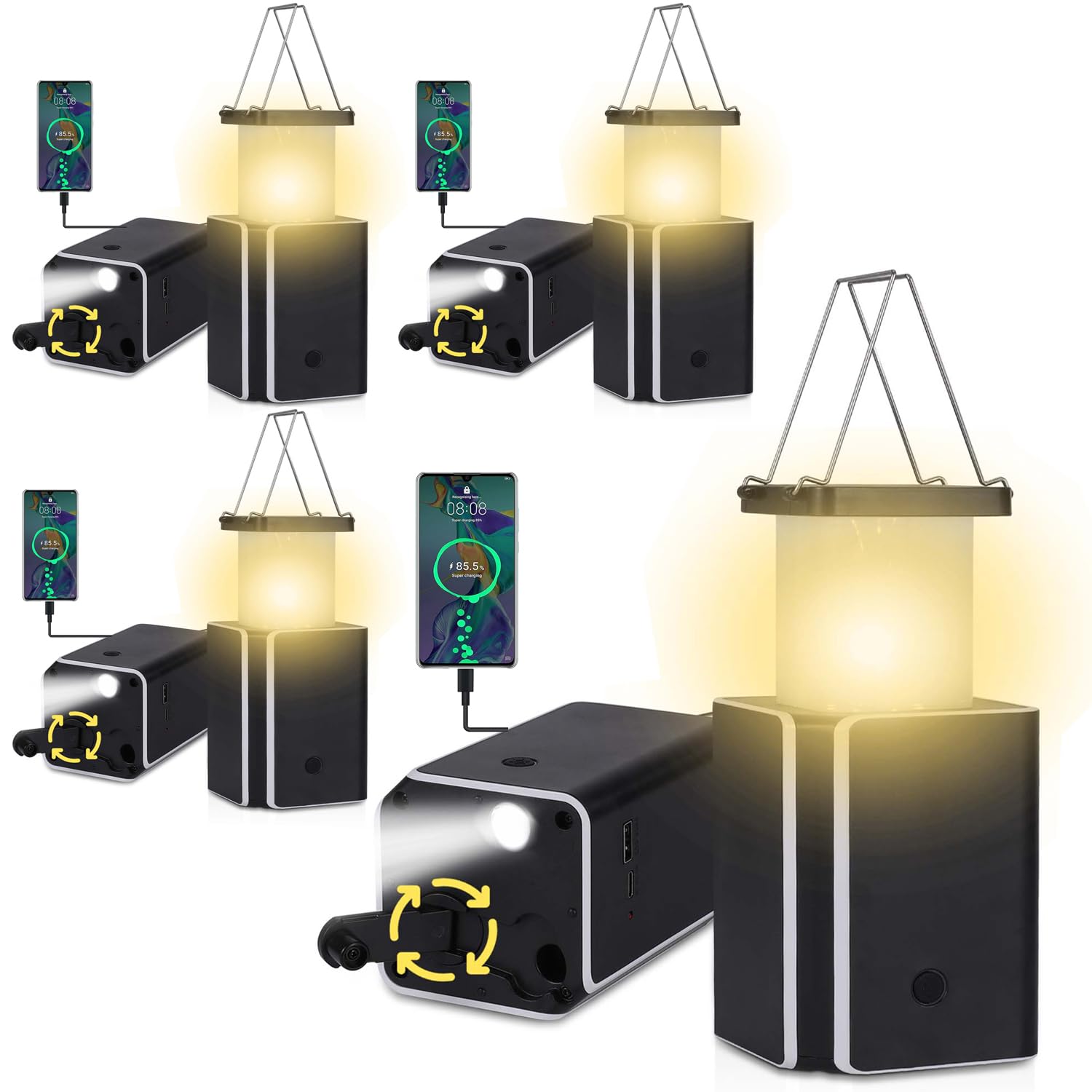 4Pack Solar LED Rechargeable Emergency Camping Lantern,Warm White Solar Rechargeable,Rechargeable Type C,Emergency Lights Hand-Crank Power Generation,Phone Power Supply Function,flashlights