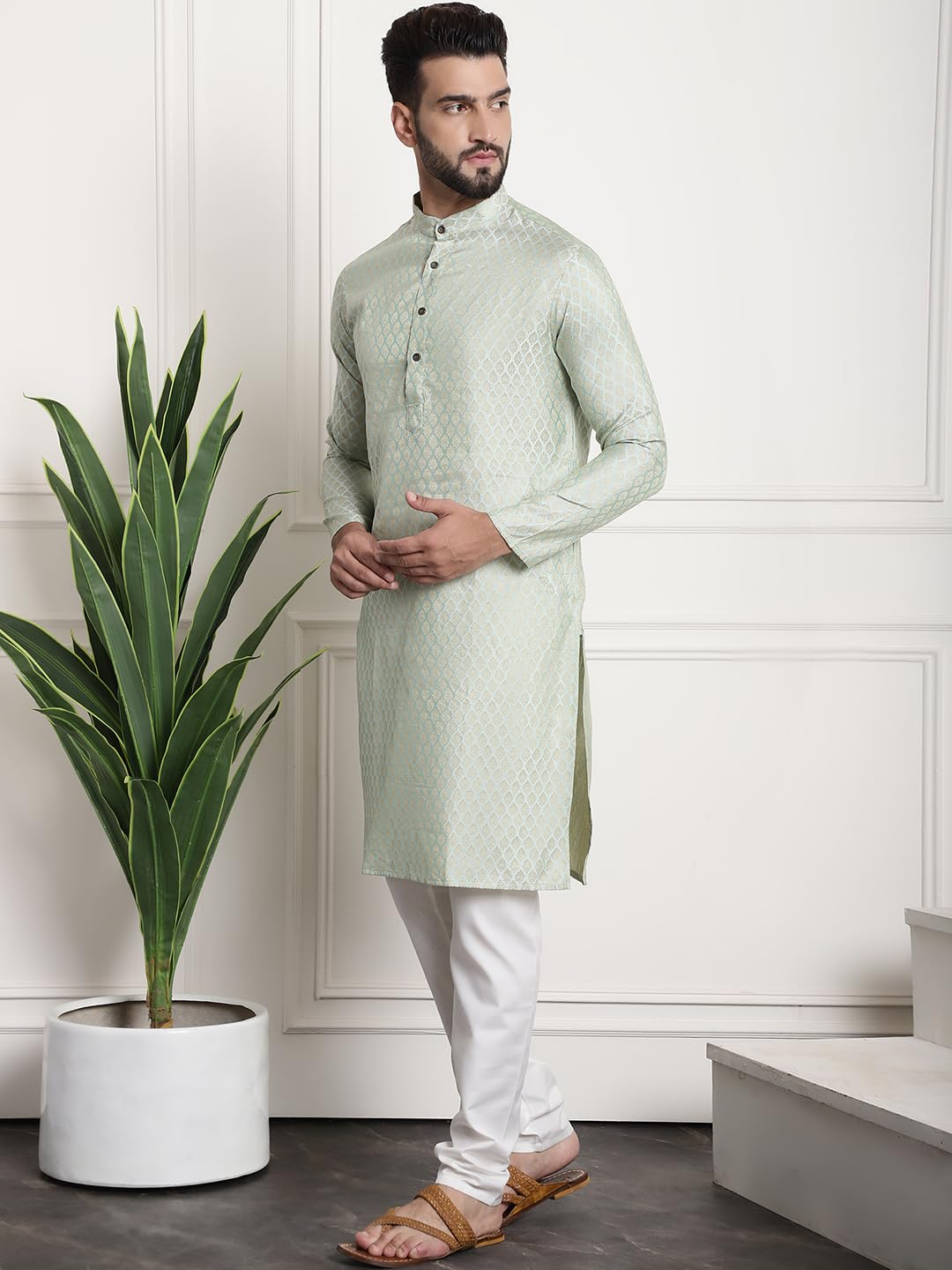 Sojanya (Since 1958 Men's Jacquard Silk Pista Green Kurta And Cream Pyjama With Blue Nehrujacket