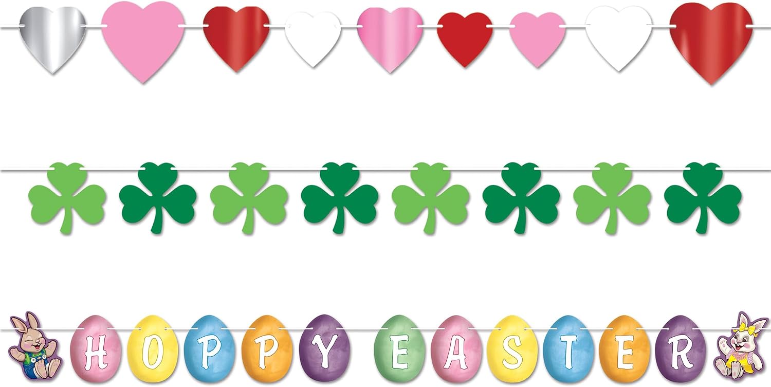 Beistle Seasonal Holiday Streamer Bundle – Valentine Hearts, St. Patrick’s Shamrocks & Easter Egg Banners, Festive Hanging Decorations for Home Décor, Bulletin Boards & Spring Party Celebrations