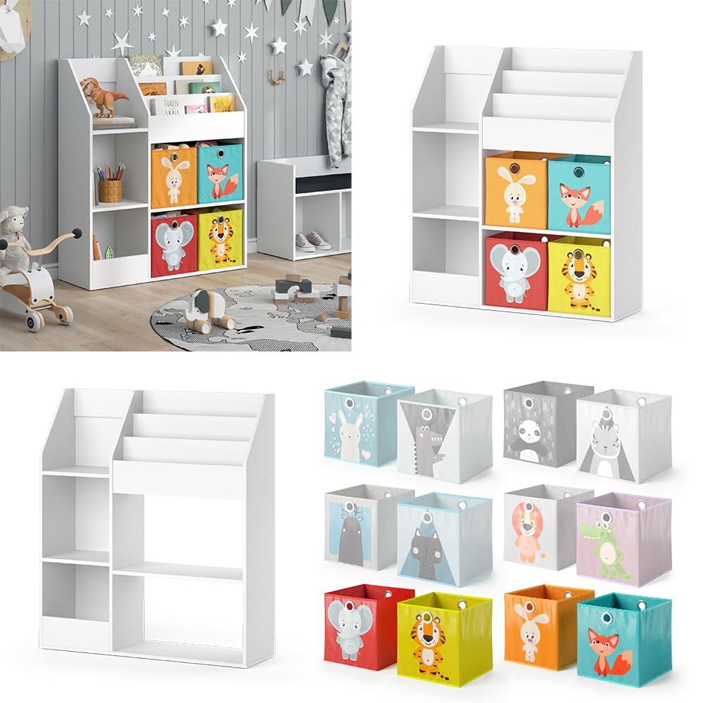 Vicco Bibliothèque Enfant Luigi, Blanc, 100.4x114.2cm avec 4 boîtes Pliantes (Multicolores), combinable pour Le Rangement des Jouets et des Livres
