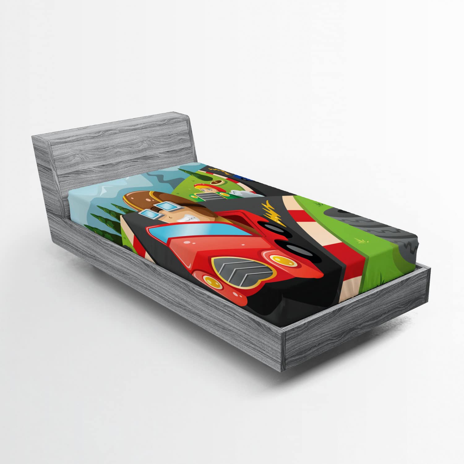 Ambesonne Sports 2 Pack Fitted Sheet, Auto Racing Cartoon Roads, Bed Cover All-Round Elastic Deep Pockets 2 Pieces, Package Contains 2 Twin Size Fitted Sheets, Red Lime Green