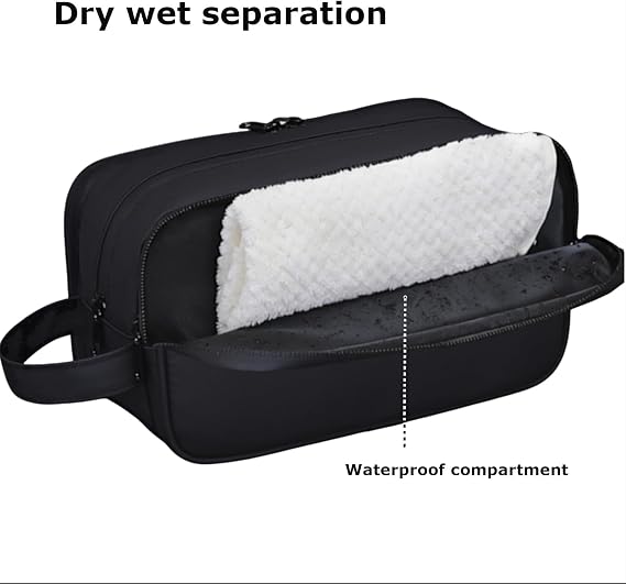 Travel Toiletry Bag for Men, Medium PU Leather Wash Bag & Wet Pocket, Black