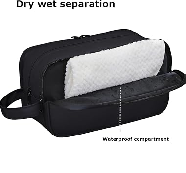Travel Toiletry Bag for Men, Medium PU Leather Wash Bag & Wet Pocket, Black