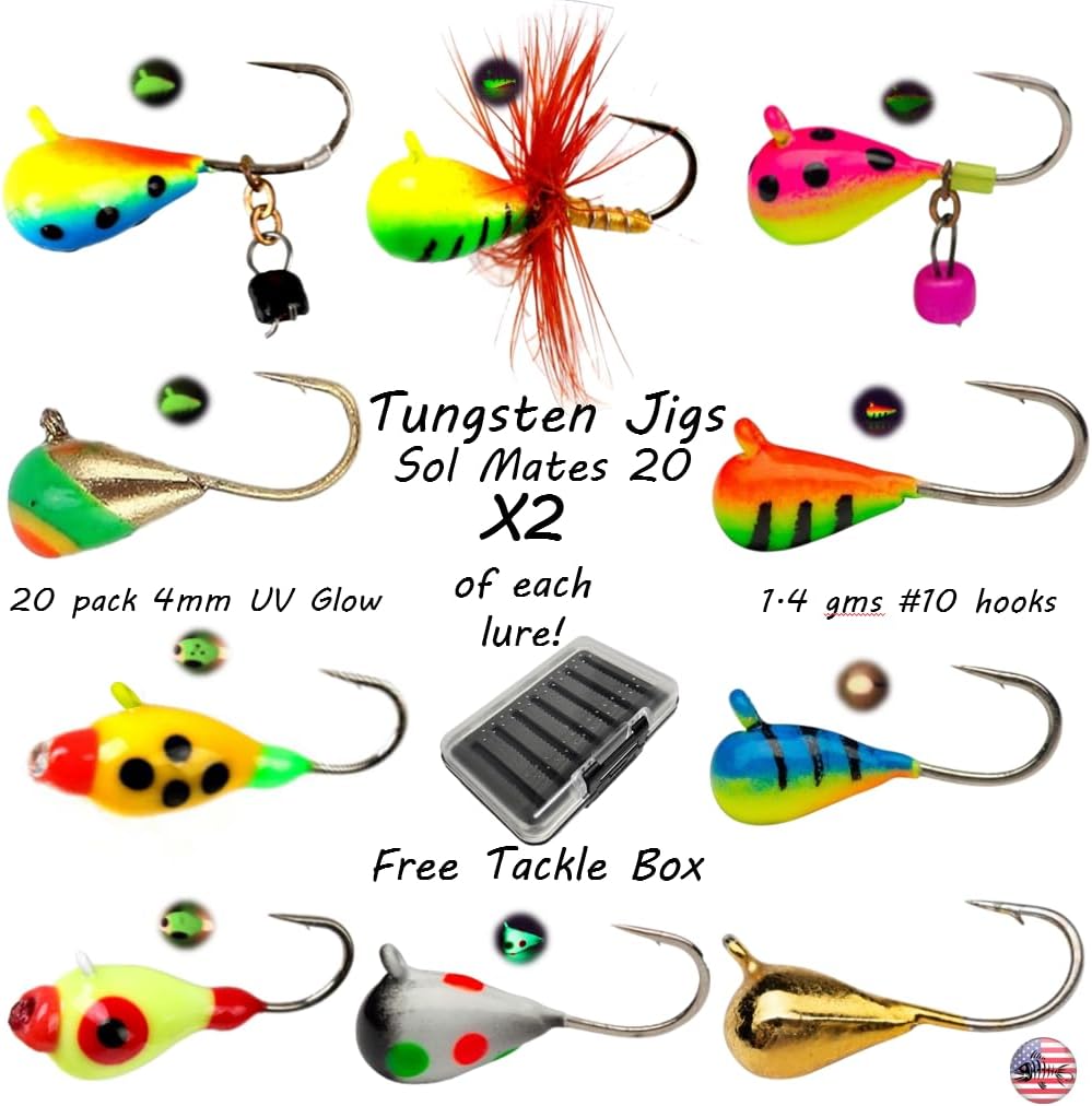 Fishbone Gear Tungsten UV Glow Ice Fishing Jigs - Sol Mates 20 Pack Plus Free Tackle Box Case Included 4mm 1.4gm #10 Hook Jigging Flyfish Lure Bait Walleye Crappie Panfish Trout