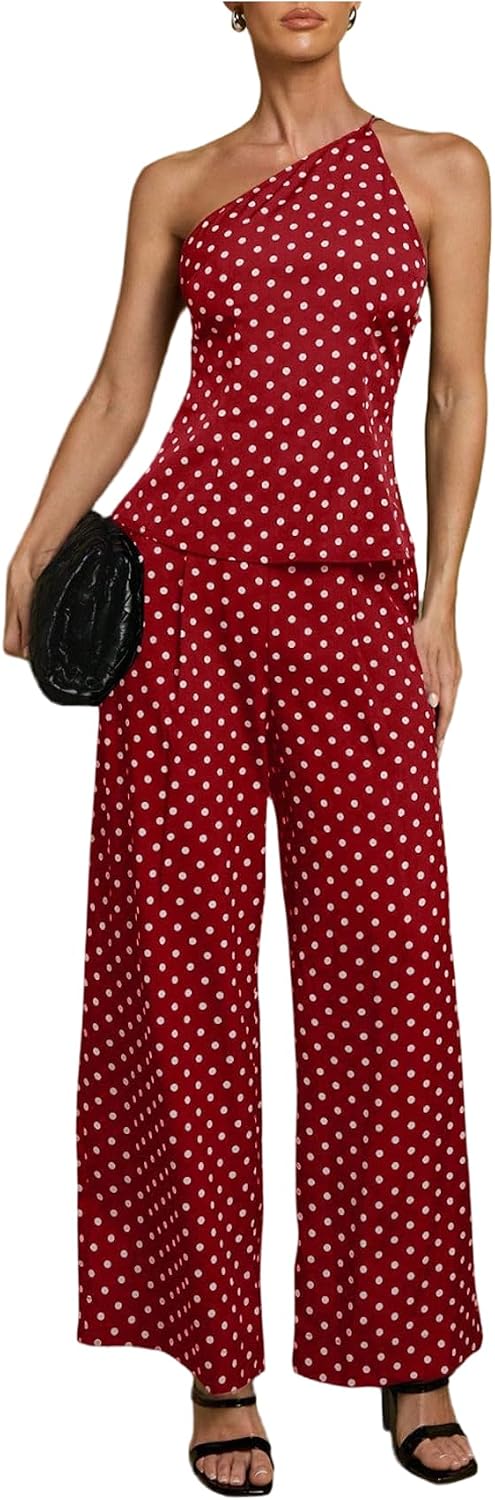 SweatyRocks Women's 2 Piece Outfits Polka Dots One Shoulder Top and Wide Leg Pants Matching Sets