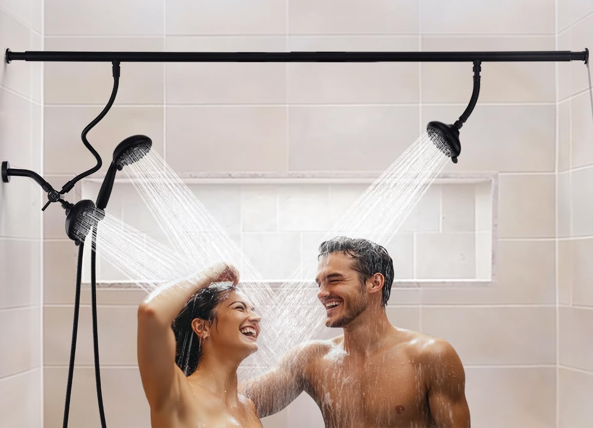 Dual Shower Head for Couples, High Pressure and Adjustable Multimodal Tandem Shower Head System for Two People Rod, Modern Bathroom Upgrade, Birthday Gift for Women and Men (Matte Black)