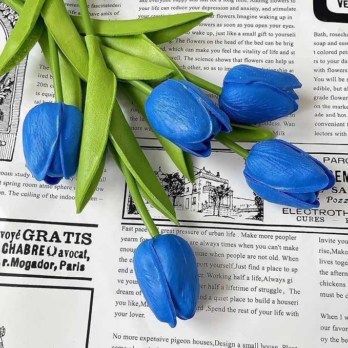 Image of Garden Art Artificial Tulip Flowers (Pack of 5) | Real Touch Silicone Single Stem Tulips for Home Decor, Living Room, Office, Vase & Wedding Decoration GAASTFB-1H-33Y (Blue)