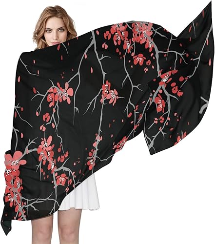 Alaza - Bufanda larga de seda para mujer con diseño de flor de cerezo, color rojo