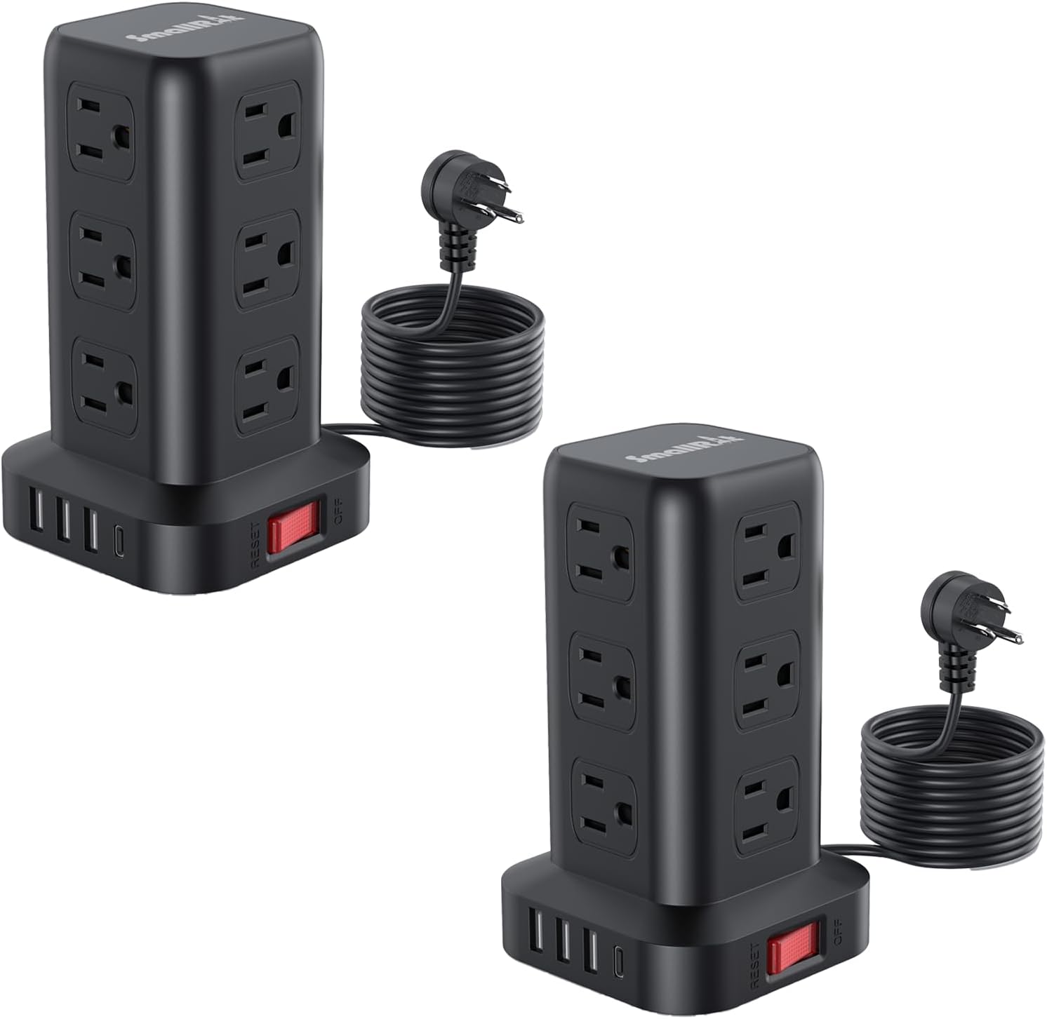 Extension Cord with Multiple Outlets, SMALLRT 2 Pcs Surge Protector Power Strip Tower, Outlet Extender with 12 AC Outlets 4 USB, 6.5FT Extension Cord for Home Office Dorm Room, Overload Protection