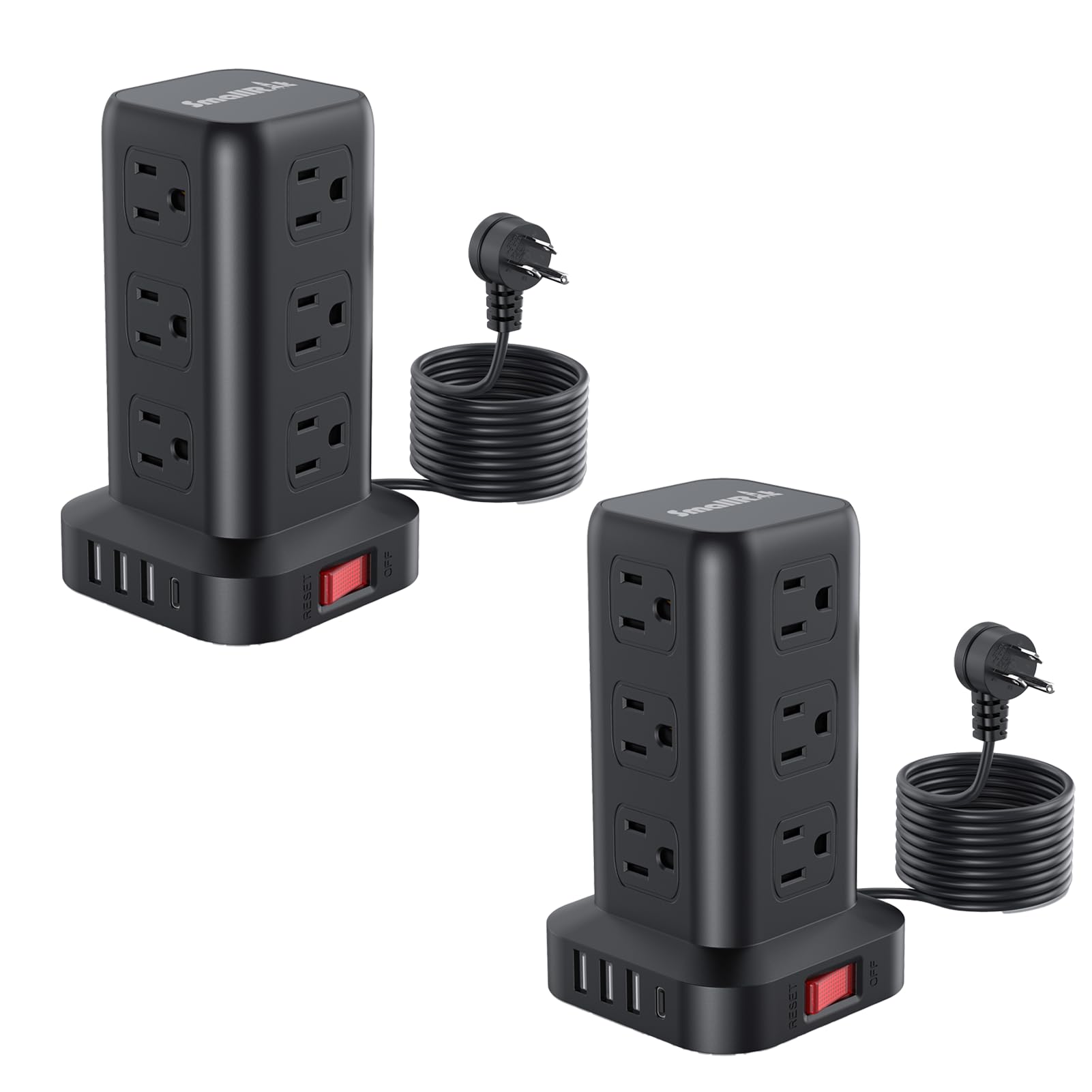 2 Pcs Extension Cord with Multiple Outlets, SMALLRT Power Strip Tower, Outlet Extender with 12 AC Outlets 4 USB, 6.5FT Extension Cord for Home Office Dorm Room, Overload Protection