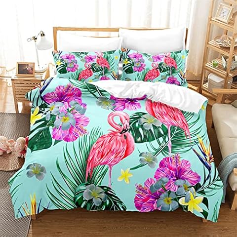 YYRR Small Fresh Flamingo Bed Linen 3D Digital Print Bed Linen 3-Piece Soft and Comfortable Adult Children Pillowcase Duvet Cover (Multicoloured 08, 200 x 200 cm + 50 x 75 cm 2) Cover