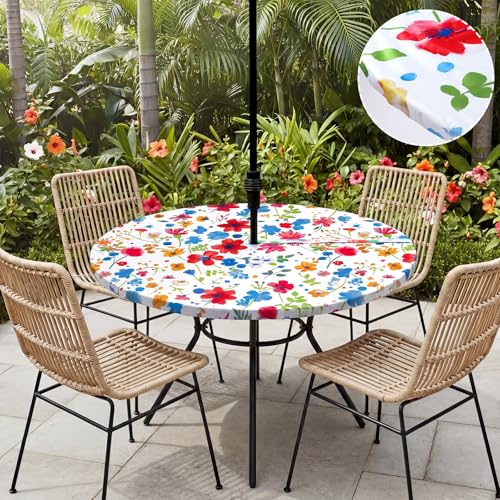 HunnmingRe Wildflower Round Outdoor Tablecloth with Umbrella Hole Zipper Waterproof Anti-Wrinkle Table Cover for Summer Patio Camping Party Car Rv Gardening Gifts Fit to 45"-53" Patio Tables by HunnmingRe - Used condition - Image 4