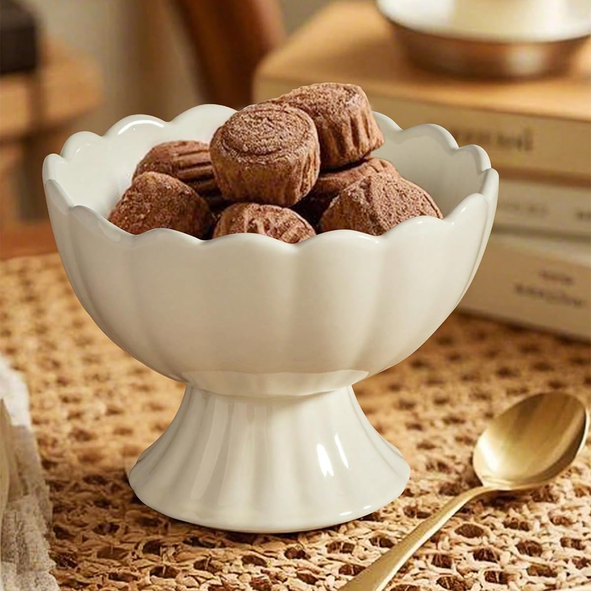 Ceramic Bowl Set of 4 Footed Dessert Bowls with Spoon, Elegant Trifle Bowl with Pedestal for Candy, Salad, Fruit, Tiramisu, Party Serving Punch Bowls