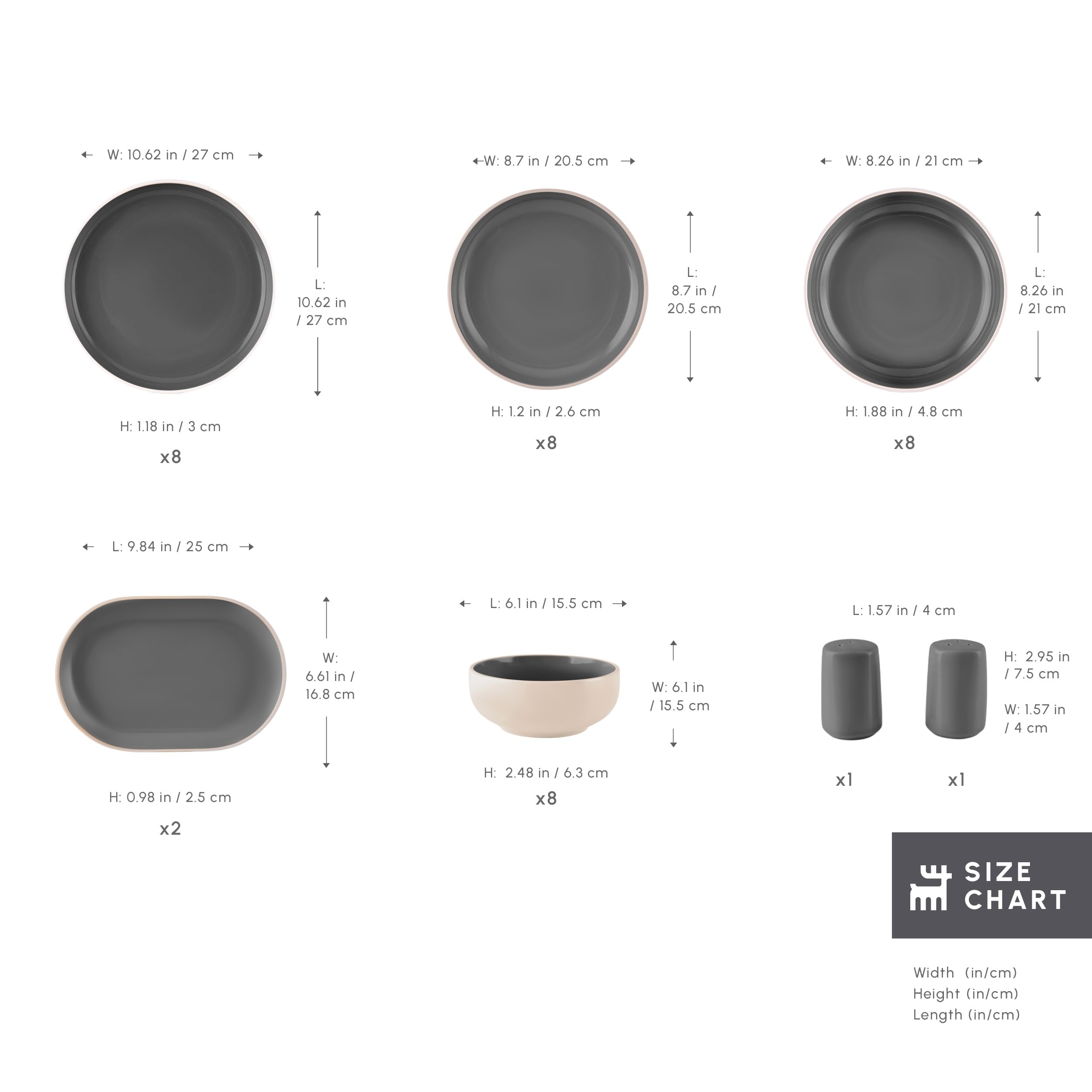 Karaca Basic Collection 36-częściowy zestaw obiadowy z kamionki dla 8 osób, nadaje się do mycia w zmywarce, nadaje się do kuchenki mikrofalowej, talerz obiadowy, miska do makaronu, talerz boczny,