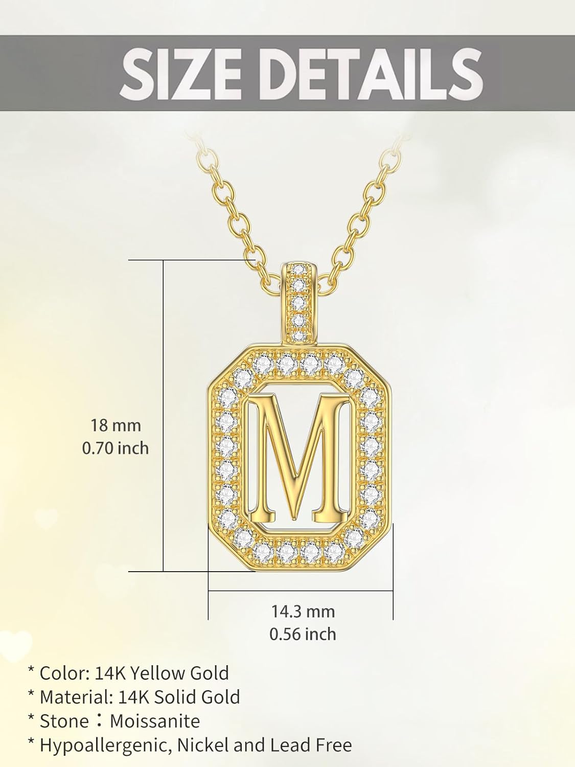 14k Gold Initial Necklaces, 14k Solid Gold Initial Letter Moissanite Pendant Necklace Jewelry for Women Her Gifts Birthday Graduation Mothers Day Christmas