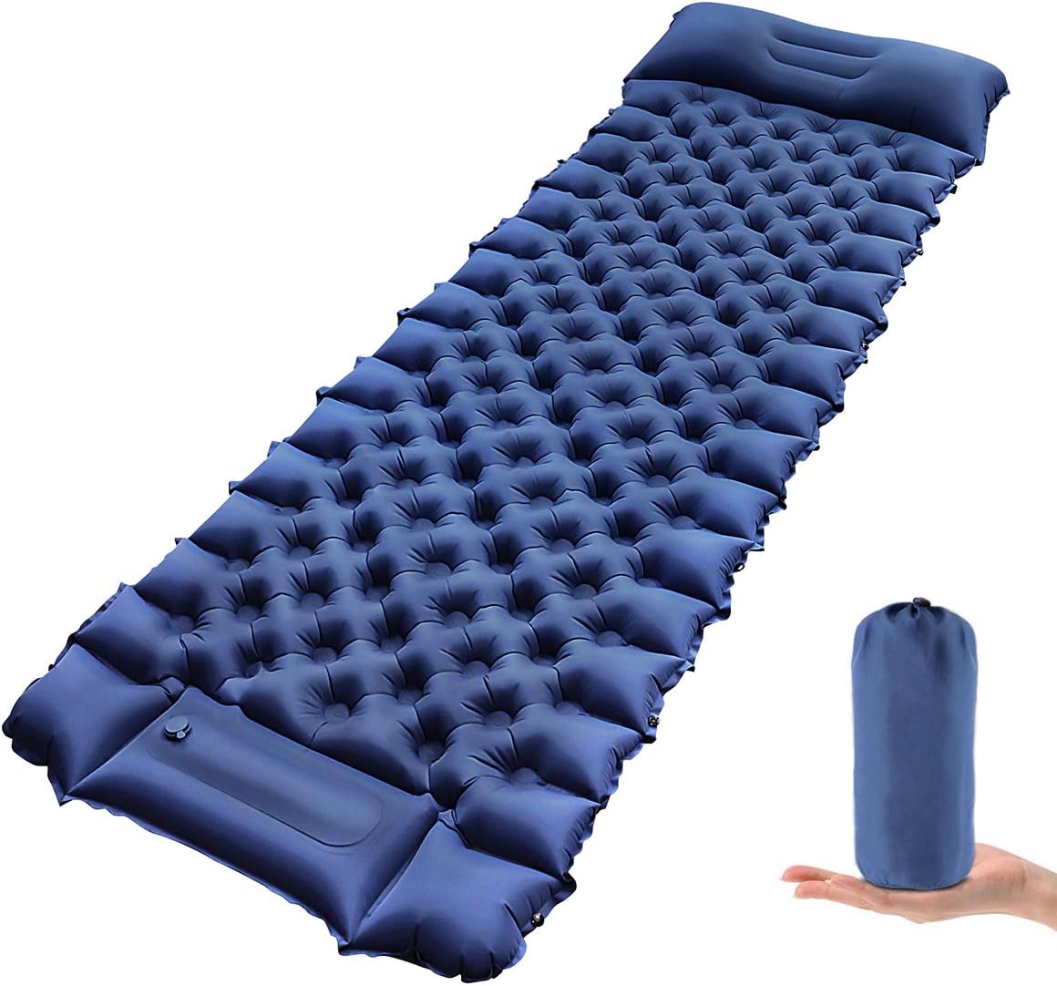 FEELLE Camping Sleeping Pad Ultralight Foot Press Inflatable Backpacking Air Mattress with Pillow 3 Inch Thick Mat Hiking Sleeping Mat for Travelling & Outdoor Activities, Inflatable & Compact