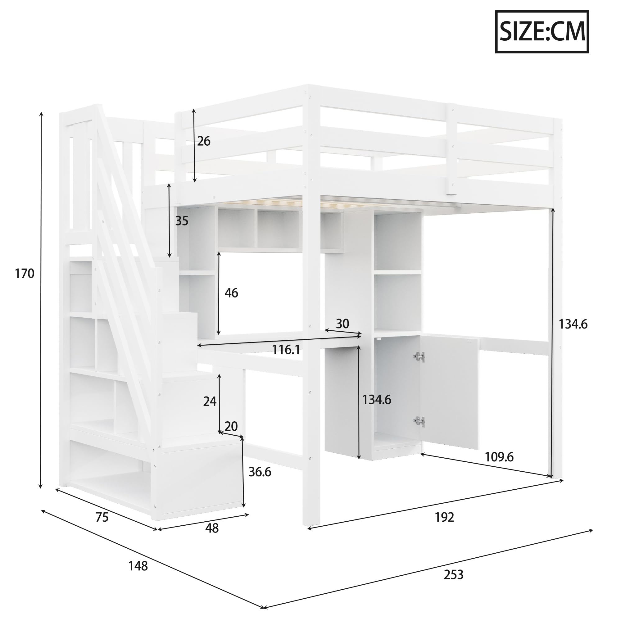 Letto a soppalco con scale, letto in legno bianco, con vano portaoggetti, scrivania, scaffali, illuminazione a LED e prese standard UE e griglie di sicurezza elevate (140 x 200 cm (dimensioni
