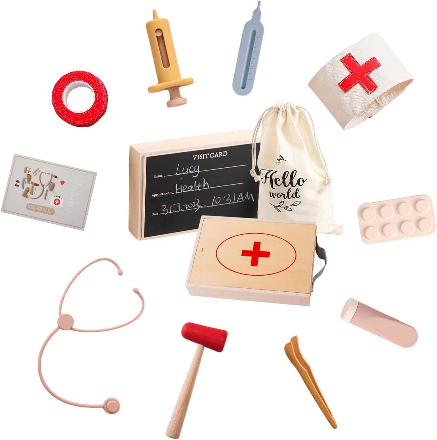 Doctor Kit for Toddlers Wooden Silicone Doctor Pretend Play Set Kids Doctors Play Set with Medical Storage Box 9 PCS Dress Up Pretend Play Educational Toys for Boys and Girls 3+
