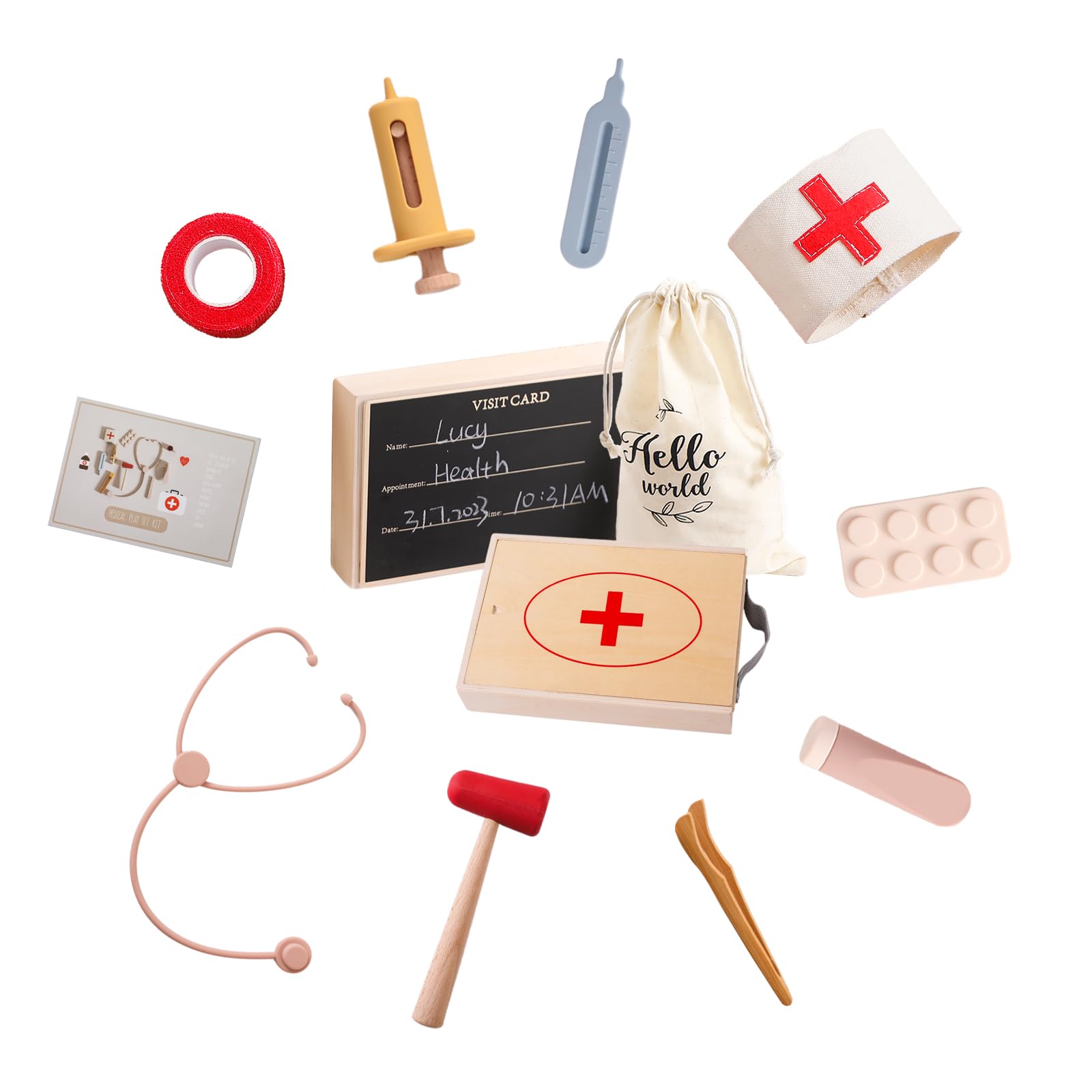 Doctor Kit for Toddlers Wooden Silicone Doctor Pretend Play Set Kids Doctors Play Set with Medical Storage Box 9 PCS Dress Up Pretend Play Educational Toys for Boys and Girls 3+