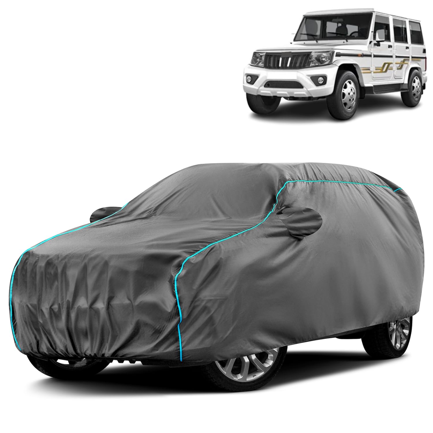 Water-Resistant Dustproof Car Cover for Mahindra Bolero - Mirror Pocket, UV Protection, Scratch Guard, Buckle Belt, Front & Back Bottom Elastic with Aqua Blue Piping - Grey-image-47