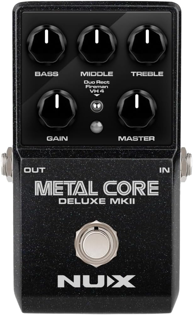 Top view of the NUX Metal Core Deluxe MKII pedal showing all control knobs and the amp model toggle switch.