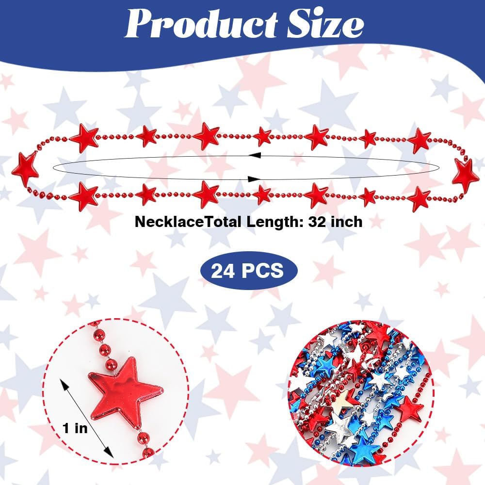 4th of July Necklaces, 24 Pcs Red White Blue Stars Beads Necklace Fourth of July Accessories, 33" Plastic Patriotic Necklaces Jewelry Bulk for Adults Independence Day Party Favors Decorations Supplies