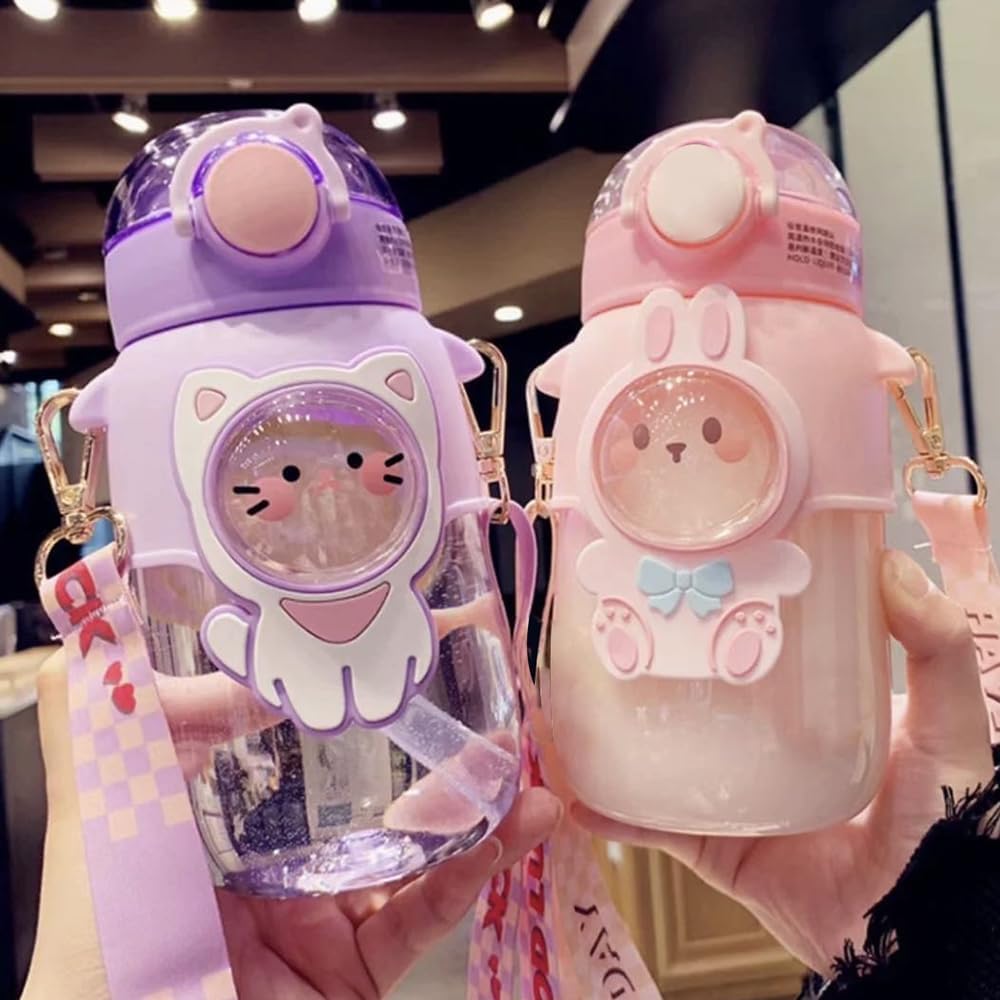 Kawaii Water Bottles with Silicone Straw and Adjustable Strap – 24oz Leakproof Cute Water Bottles for Girls, School, Camping