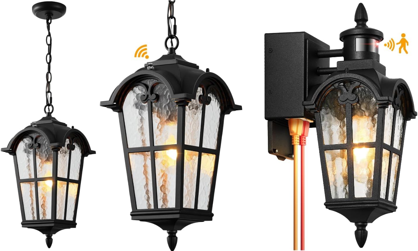 Large Dusk to Dawn Outdoor Pendant Light Fixture, 18.7'' Black Exterior Hanging Lanterns with Adjustable Chain & Motion Sensor Outdoor Lights with GFCI Outlet, 16.4" H Black Porch Light