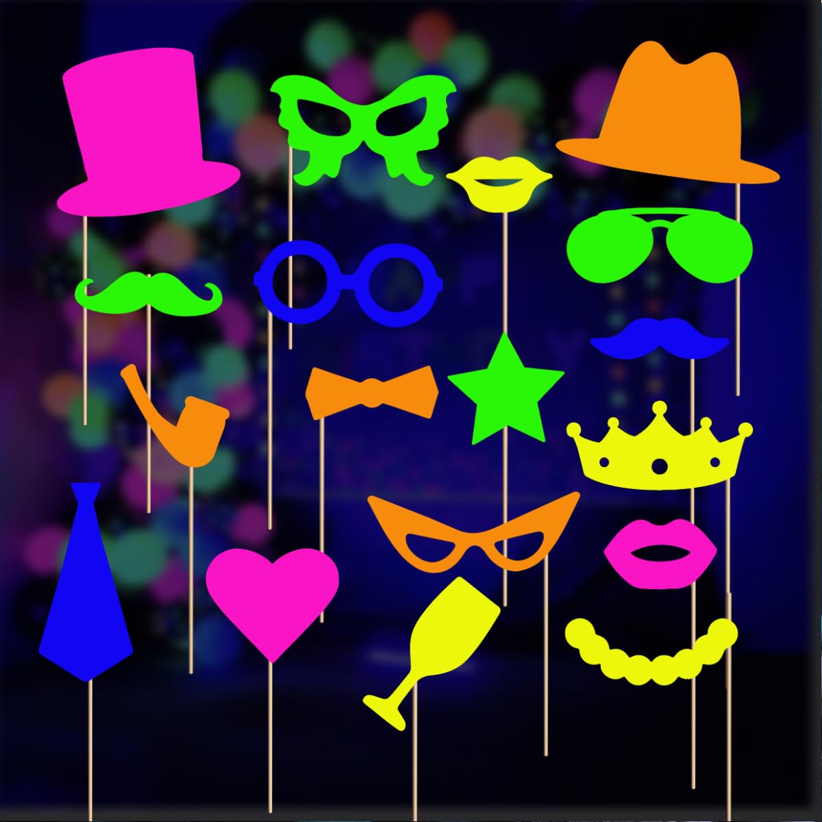 KARLOR UV PartyDecoration, 18 Pieces Neon Photo Props Paper Glow Fluorescent Luminous Funny Hats Glasses Beards Wine Glass Black Light Accessories