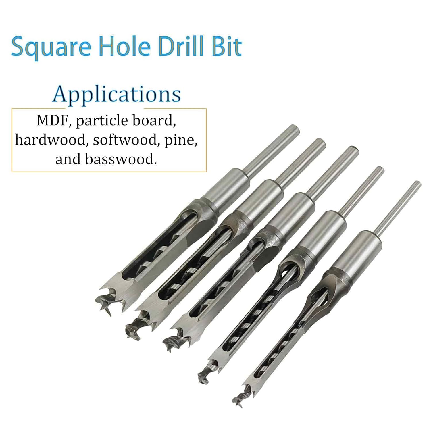 Square Hole Mortise Chisel Drill Bit Tools 1/4", 5/16", 3/8", 1/2", 9/16", 5/8"（6.4mm,8mm,9.5mm,12.7mm,14mm,16mm for Precise Square Hole Drilling