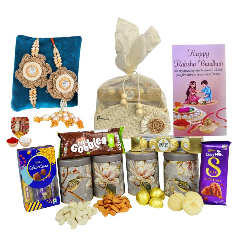 Image of NUTRI MIRACLE Rakhi Hamper with Tilak Set, Greeting Card, Dry Fruits and Chocolate Gift Pack | Return Gift Idea for Bhai Dooj
