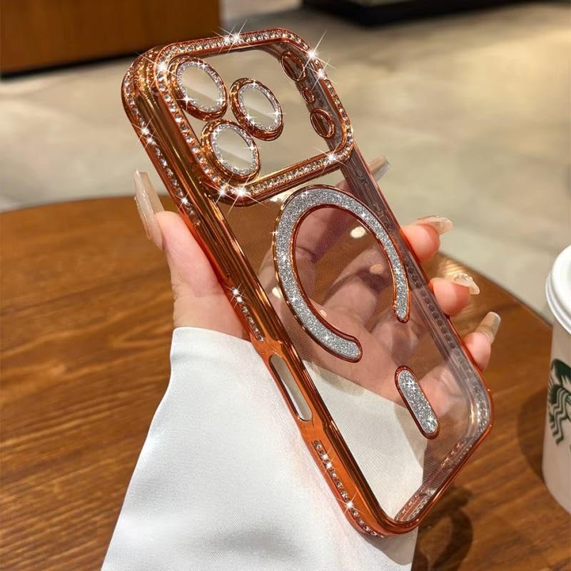 Image of Elzzi Compatible with (iPhone 17 Pro Case) Clear Luxury Diamond Glitter Case |Camera Lens Protector with Glitter Ring | Premium Shockproof Glossy Shiny Back Cover Case for Girls Women -Orange