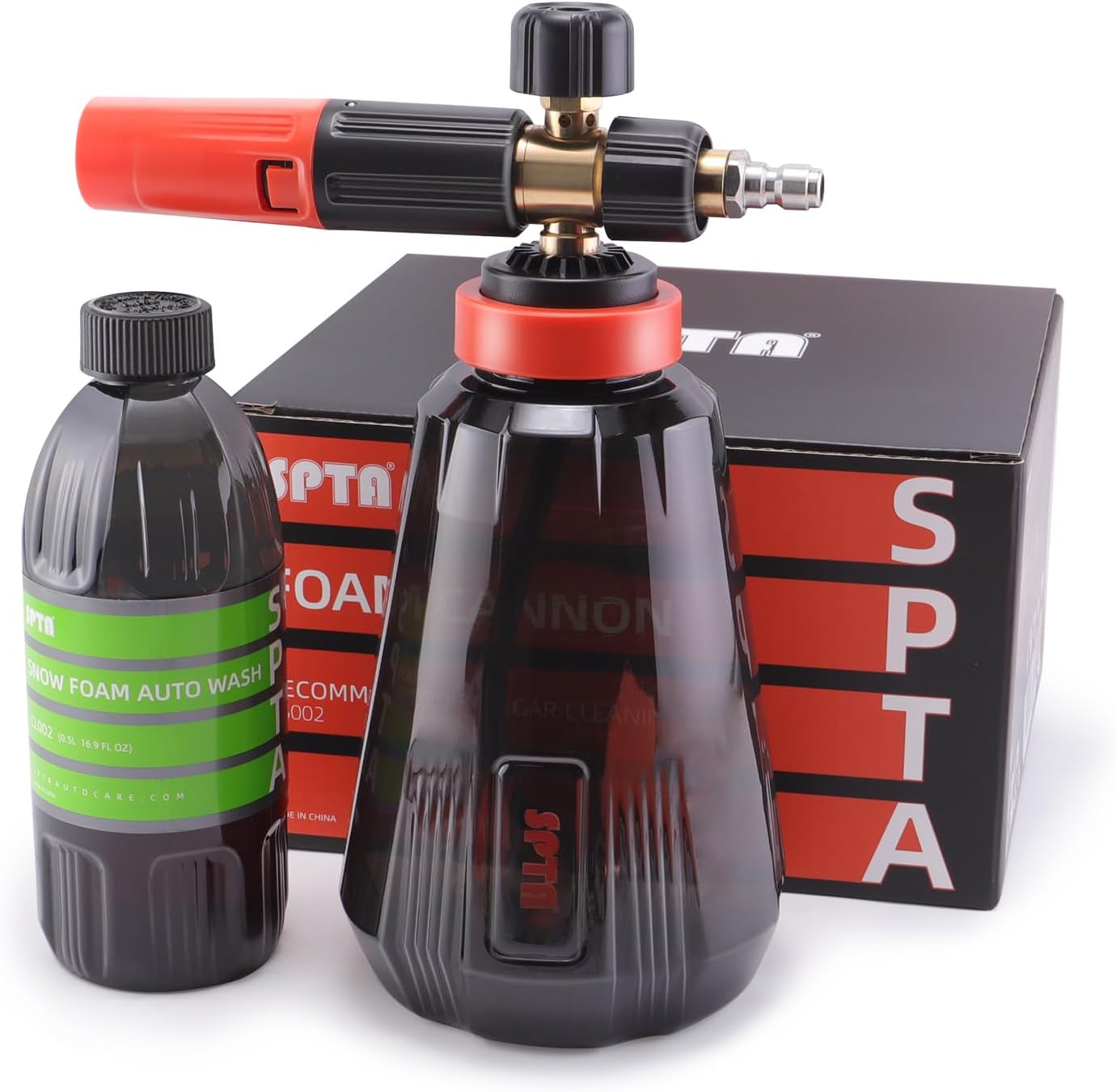 SPTA PRO Foam Cannon (Thicker Snow Foam Technology) with 1/4 Inch Quick Connector for Pressure Washer (Wide Mouth), 34 Oz Bottle (1/4" Quick Connector) with Adjustable Thick Foam+16Oz Car Wash Soap