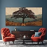 Cuadro y láminas de paisaje con silueta de roble estilo retro, arte de pared de estilo nórdico para la decoración del hogar y la sala de estar (60 x 120 cm).