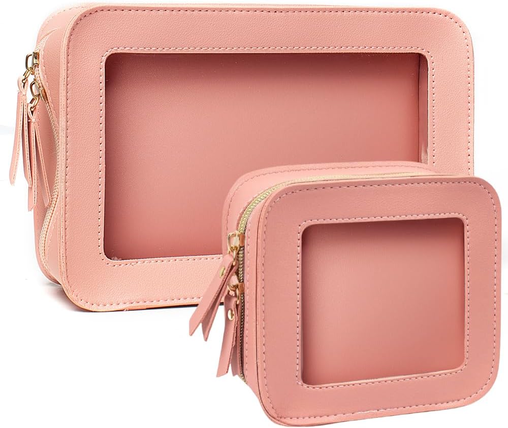 2 Pcs Clear Makup Bag Set, Clear Cosmetic Bags with Zipper Waterproof Small Travel Cosmetic Case Cute Make Up Pouch Mini Car Essentials for Women Travel Car Organizer