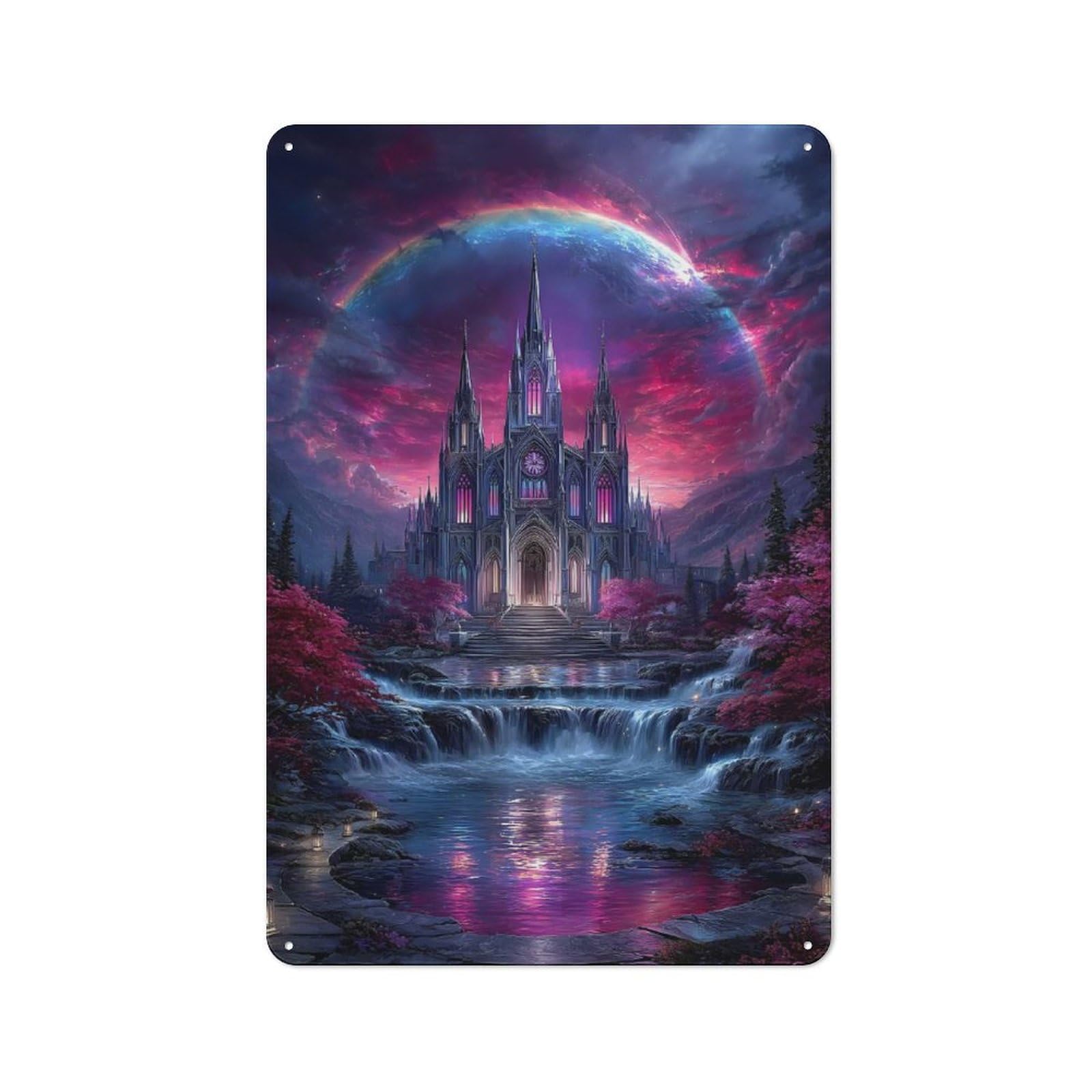 Junmoney Fantasy Castle With Waterfall And Rainbow Tin Wall Plaque 30X20cm With For Guest Room Or Hallway, For Hallway Wall Decor Fans