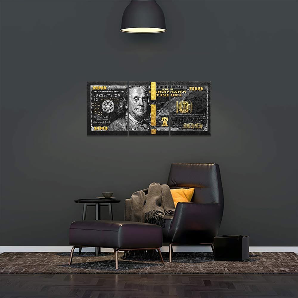Yatsen Bridge 100 Dollars Bill Wall Art Canvas Print Office Vintage Home Decor Obsidian Franks Motivational Wall Canvas Money Art Framed Ready to Hang- 12x16in x 3Panel - Image 3
