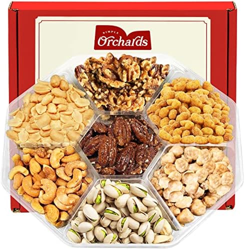Assorted Nuts Gift Basket - Beautifully Package in Reusable Tray - Delicious Mixed Cravings Gourmet Collection Feautres 7 Sectional Platter with Freshly Roasted Nuts - Beautifully Packaged Gift for Birthday, Sympathy, Father's Nuts. (7 Sectional, Red Box)