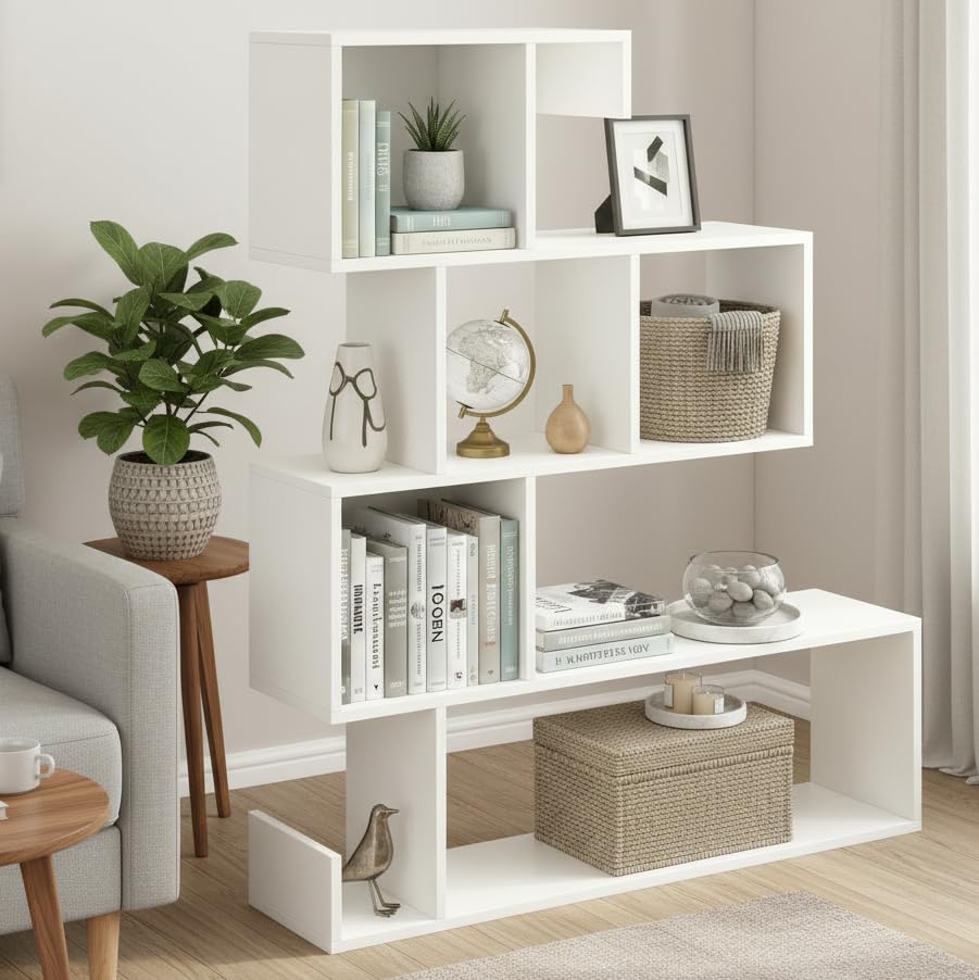 FURNEASER Allesia 5 Layer Engineered Wood Bookshelf for Home Multipurpose Home Decor Books Storage Rack Showcase Organizer for Living Room, Kitchen, Bedroom, Office (DIY) (White)-image-24