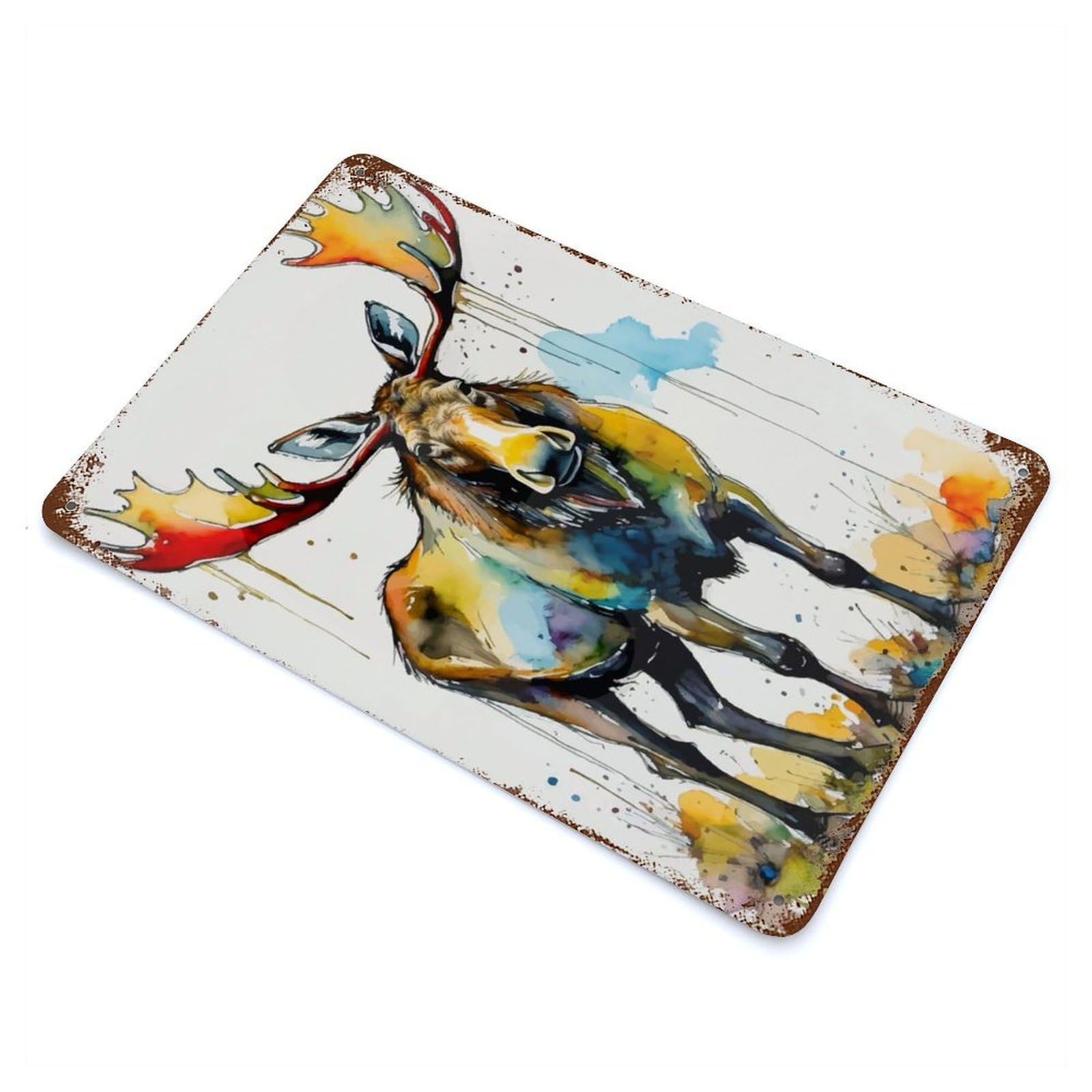 Rust Effect Watercolor Moose Rustic Tin Plaque 11.8"x7.9", Decorative Metal Wall Art for Farmhouse, Kitchen And Entryway Decor