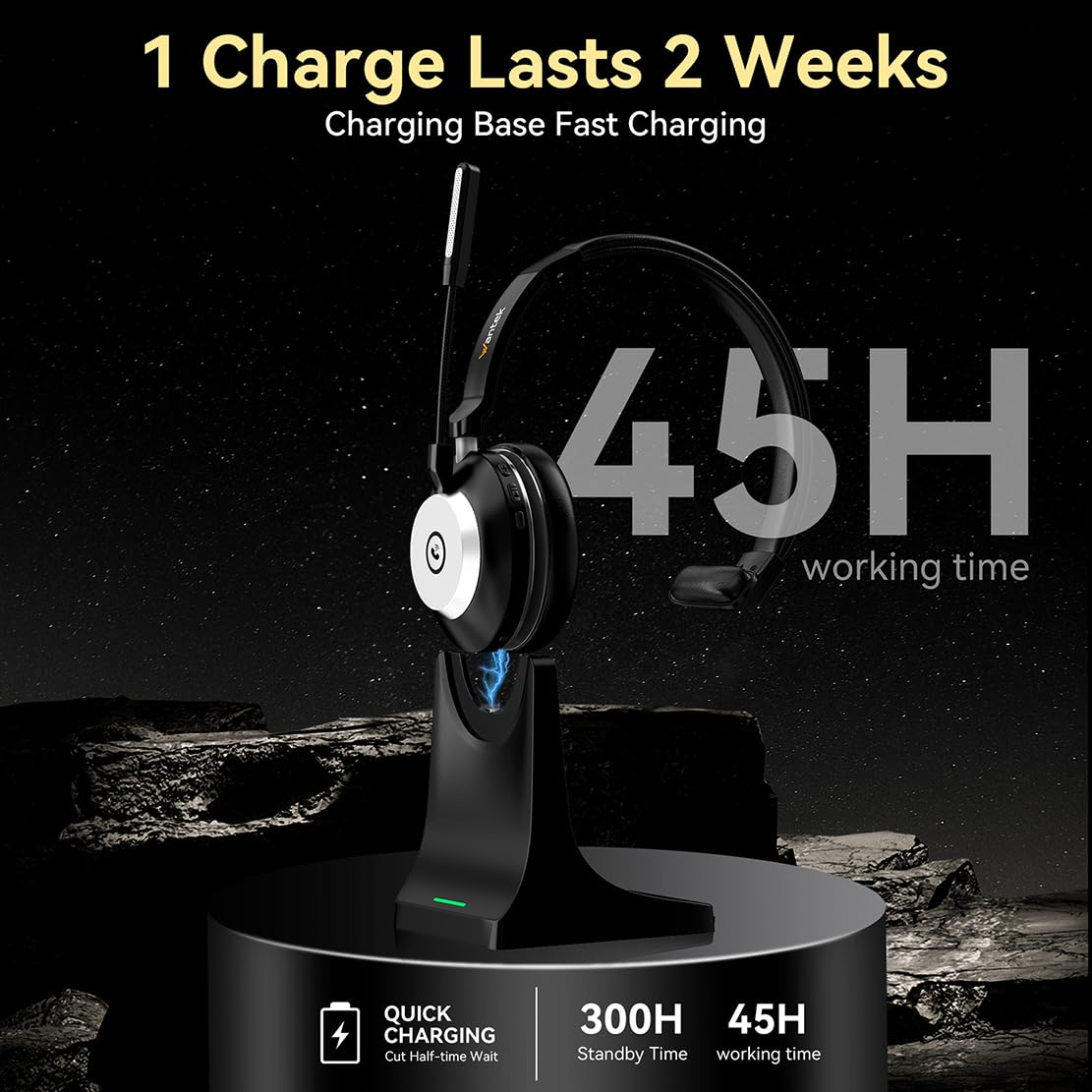 Wantek Bluetooth-Headset V5.2 mit Rauschunterdrückungs-Mikrofon, USB-Dongle, Ladestation für PC