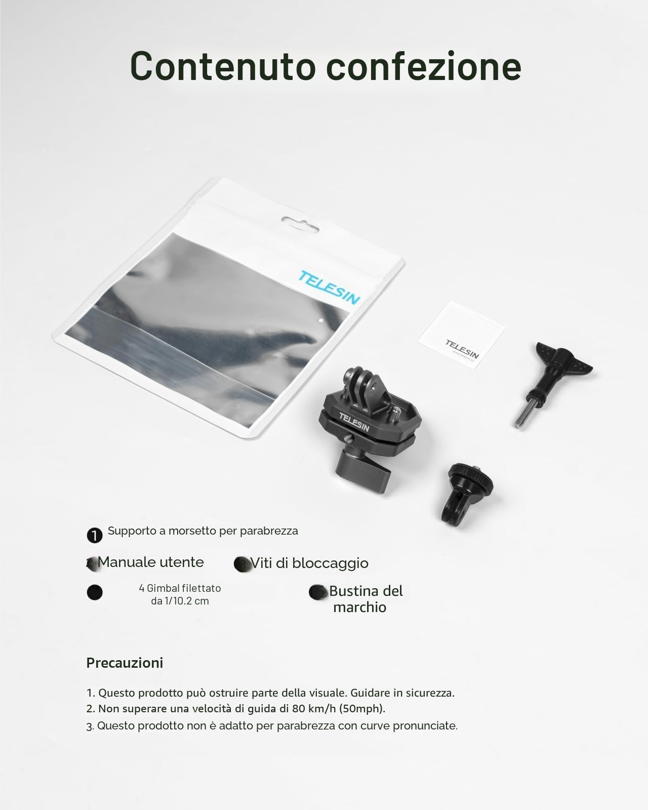TELESIN Supporto in alluminio per parabrezza moto con morsetto clip, compatibile con Hero 13 12 11 10 9 Insta360 X5 X4 X3 Ace Pro DJI Osmo 360 Osmo Action 6 5 Pro 4 3 2 Accessori per moto e action cam