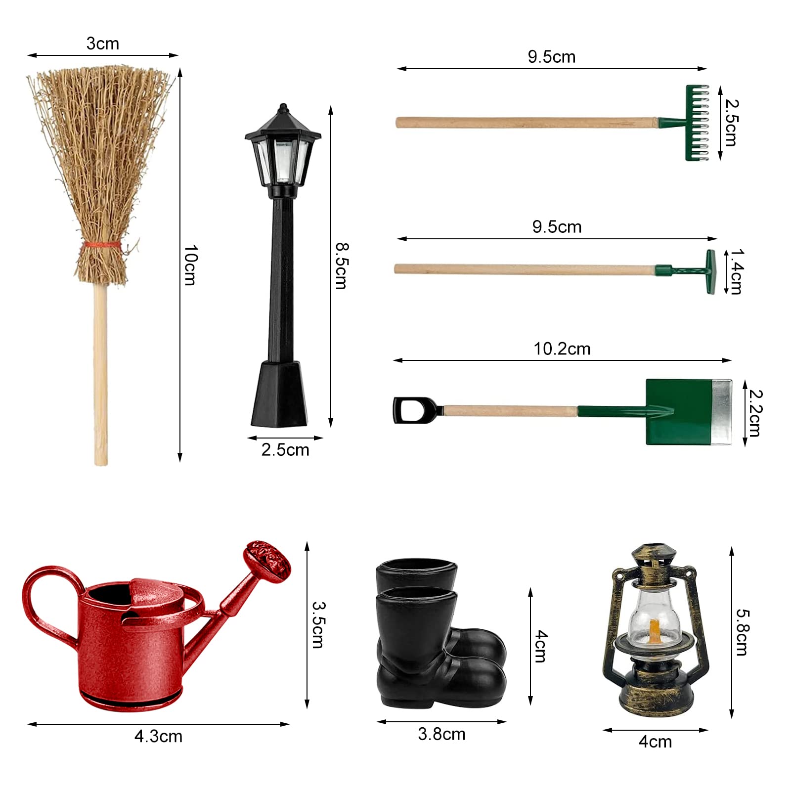 FUKPO 8 Piezas De Accesorios De Jardín En Miniatura – Pala, Rastrillo, Azada, Escoba, Farola Y Más Para Casa De Muñecas