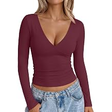 EFAN Women's Double Lined Deep V Neck Long Sleeve Fall Shirts | Lycra Blend, Going Out Fitted Top, Crop Tee, Slim Fit, Cute Casual Basic T 2026, Sexy Fashion Clothing