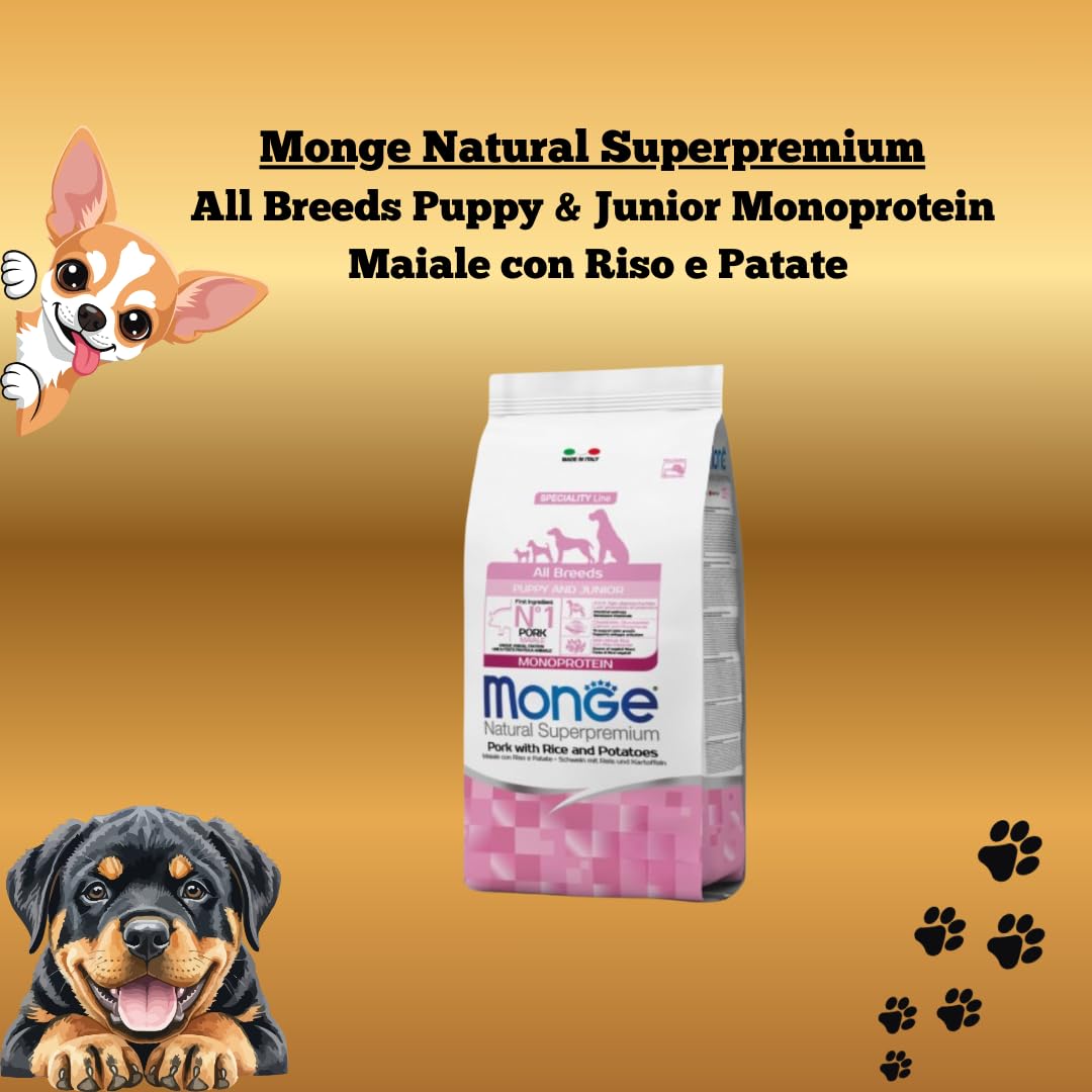 MONGE Cane Natural Superpremium All Breeds Puppy & Junior Monoprotein Maiale con Riso e Patate | alimento secco completo per cani cuccioli di tutte le taglie, Made in Italy, 1 confezione da 12kg.