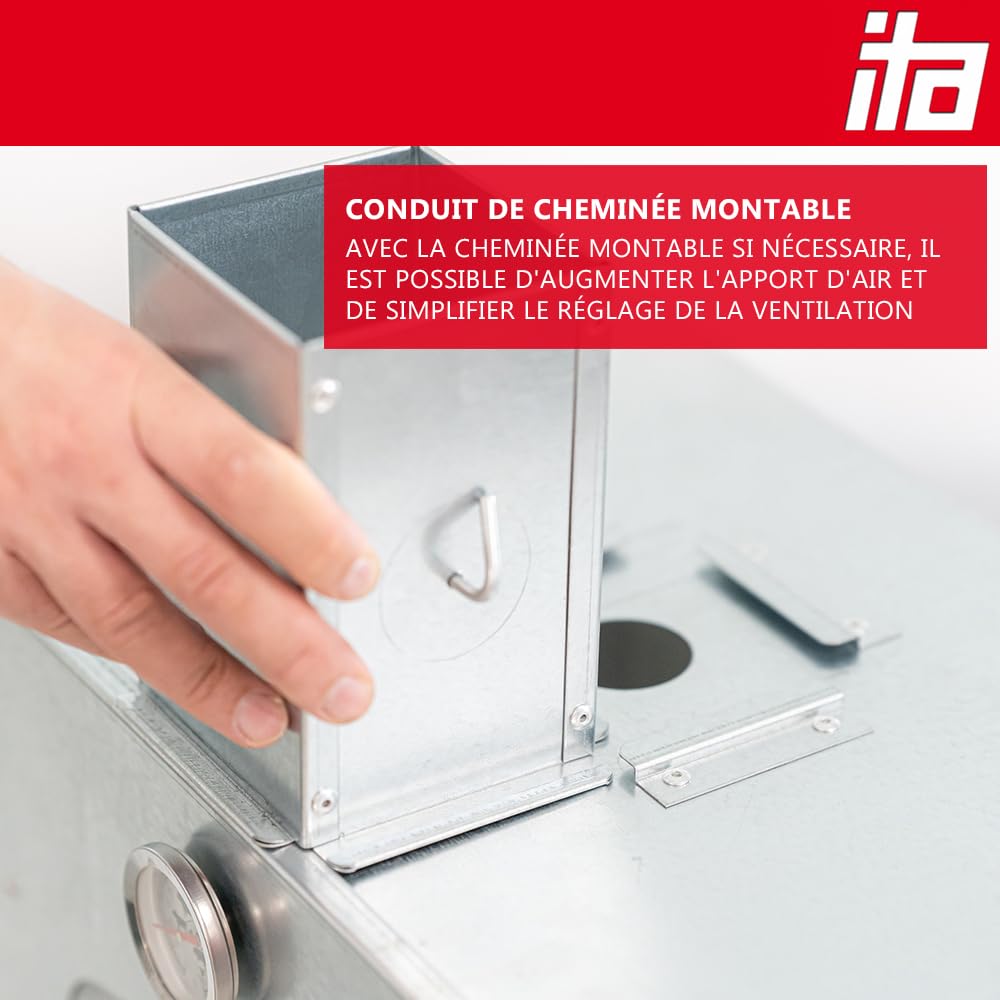 ITA Fumoir 7012 - Kit fumoir avec élément chauffant et copeaux de fumage - Armoire à fumage à 3 étages - Acier allié, avec fenêtre de visualisation et conduit de cheminée - Qualité fabriquée en UE