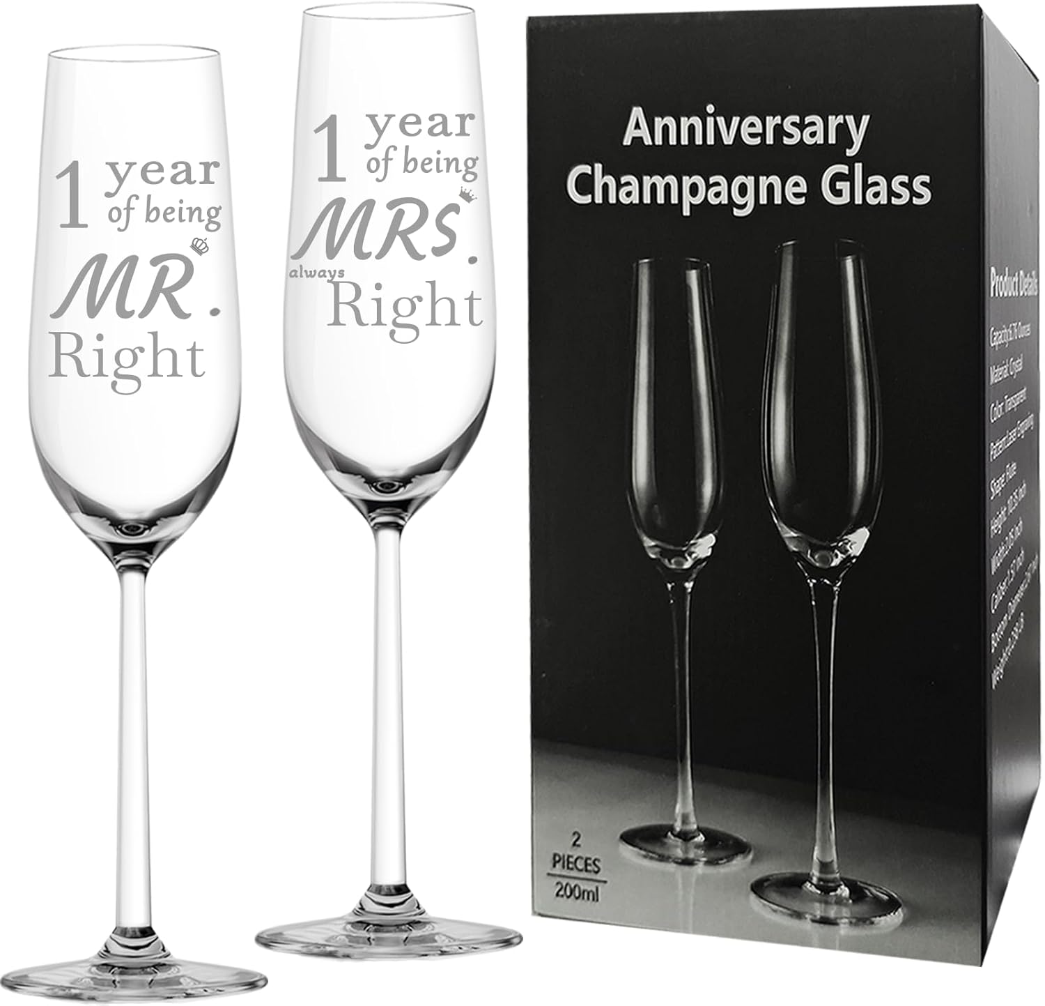 1 Year Anniversary Champagne Flutes Set of 2, First One 1st Anniversary Wedding Gift for Couple, Boyfriend, Girlfriend, Him, Her, Wife, Husband