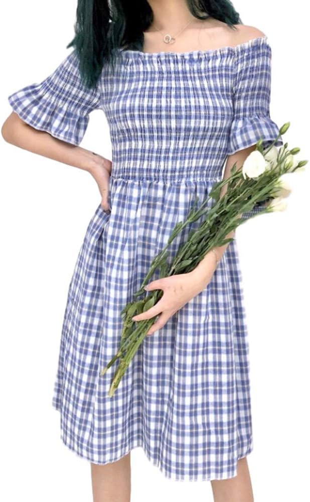 Blue Plaid Dress for Women Off Shoulder Ruffle Short Sleeve Elastic Bust and Waist Cute Midi Dress